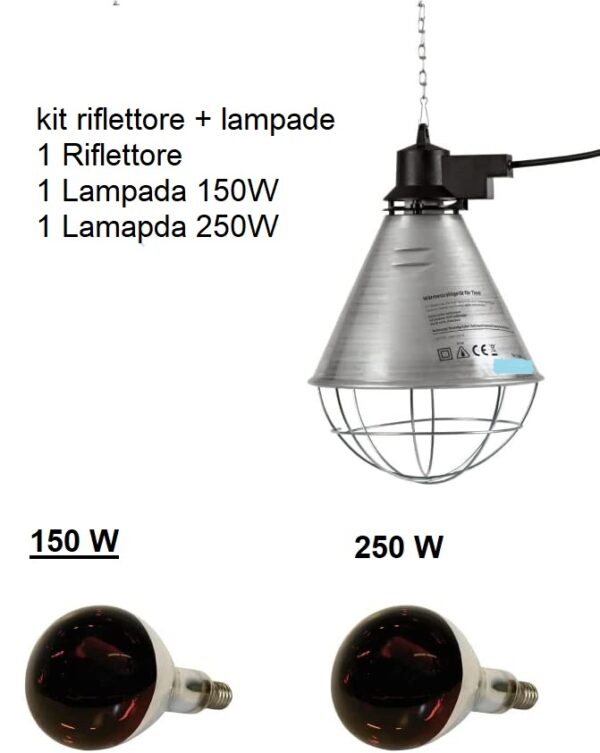 Kit 2 Lampade a Raggi Infrarossi Riscaldante da 150 W e 250 w + 1 Riflettore Porta lampada con Griglia di Protezione.