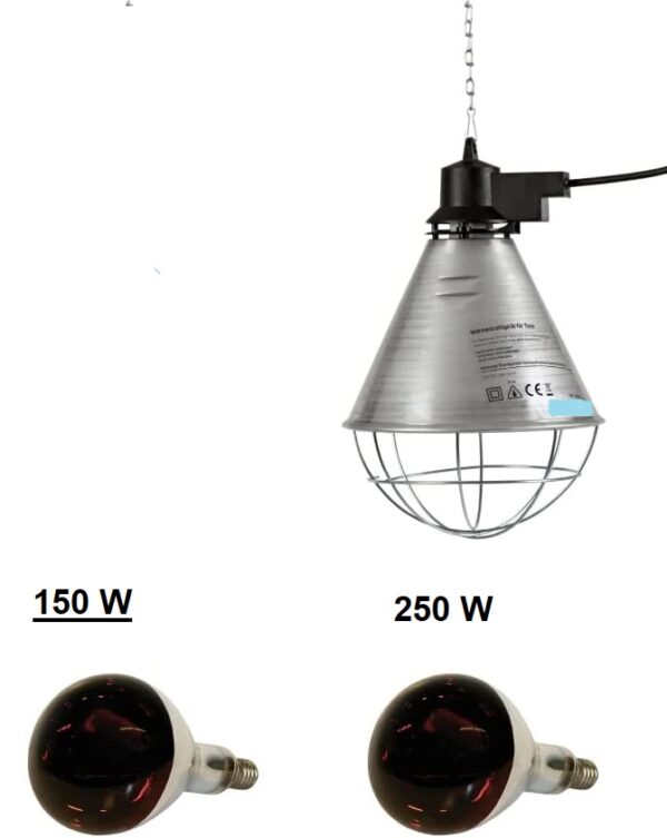 Kit 2 Lampade a Raggi Infrarossi Riscaldante da 150 W e 250 w + 1 Riflettore Porta lampada con Griglia di Protezione.